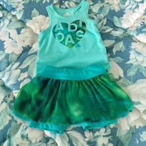 9month Adidas baby outfit, blue/green. Athletic tank top and skirt/shorts